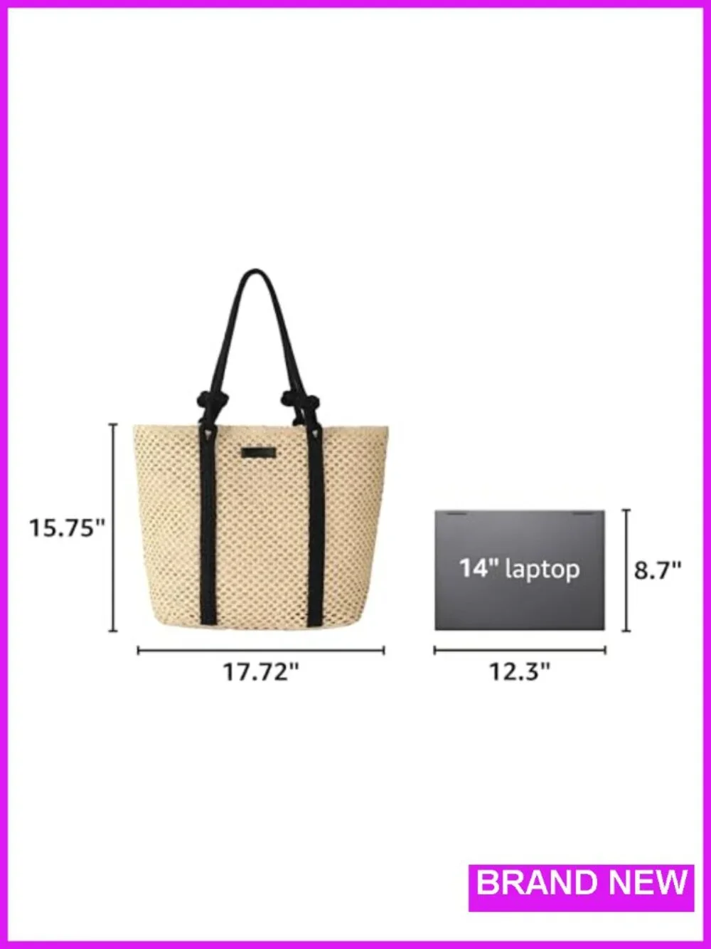 Large Woven Straw Beach Tote Shoulder Bag with Zipper Lining